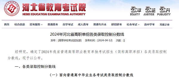 2024年河北省高職單招各類錄取控制分數線