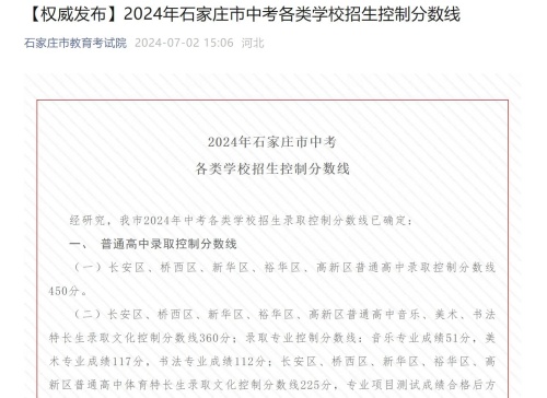2024年石家莊市中考各類學校招生控制分數線